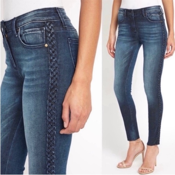 DRIFTWOOD Jackie Braided Side Blue Denim Skinny Raw Hem Crop Stretch Ankle Jeans - Picture 2 of 8